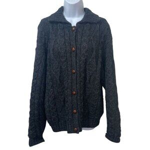 LL Bean Cardigan Womens Lg Irish Wool Gray Fisherman Sweater Cozycore Vintage